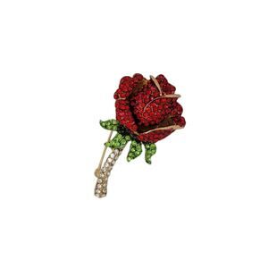 Gold Tone Round Red Green White Crystal Red Rose Bud Rose Brooch